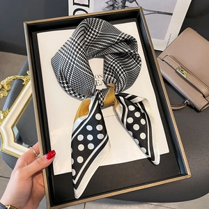 Polka dot and houndstooth silk scarf presented in an elegant gift box with golden frame