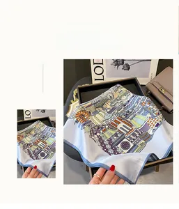 Detail of 100% mulberry silk scarf featuring colorful architectural and garden prints
