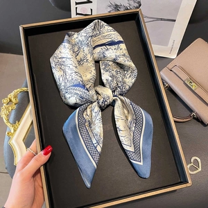 Elegant Satin Scarf 100% Mulberry Satin Square Neck Kerchief Traditional Chinese Landscape Print Sun Protection For Women
