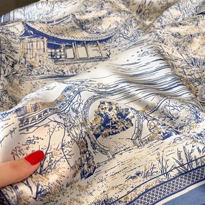 Classic blue and white silk scarf with traditional Chinese landscape and garden print