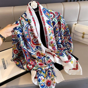 Elegant white shawl with red paisley patterns and floral prints for summer sun protection