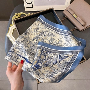 Elegant mulberry silk scarf with traditional navy landscape painting and bridge detail