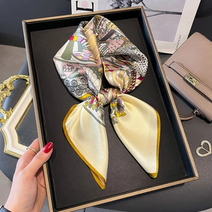 Silk square scarf with vintage art print and yellow rolled edges in a bow knot style