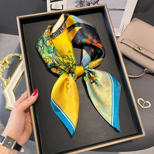 Foulard Carré En Satin De Mûrier Imprimé Peinture À L'Huile Artistique Tournesols Style Français Élégant Écharpe Décorative Pour Femmes