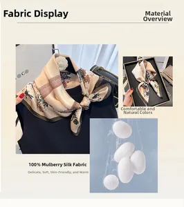 Detail of 100% mulberry silk scarf featuring vintage floral patterns and gift packaging