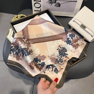 Elegant mulberry silk square scarf with vintage floral prints and brown border accents