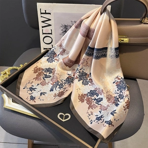 Elegant Square Scarf Pure Mulberry Satin Floral Print Vintage Lace Style French Graceful Head Neck Wrap For Women