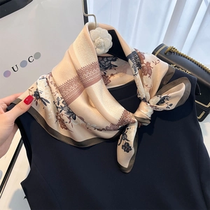 Elegant floral print silk scarf in beige with vintage brown patterns and lace design