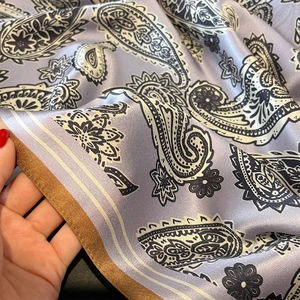 Classic paisley pattern mulberry silk square scarf in lavender purple with satin finish