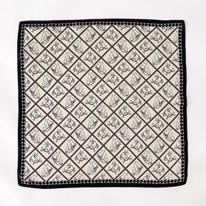 Elegant 65cm square silk scarf with black and white horse head pattern and checkered border
