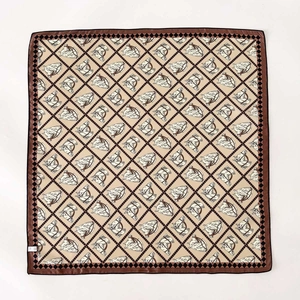 Silk twill square scarf with horse head pattern and brown border, 65cm neckerchief