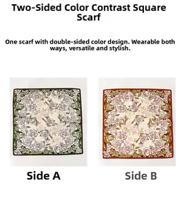 Detail of double-sided mulberry silk square scarf with contrasting rose prints in two colors