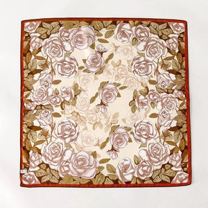 Elegant floral silk scarf with vintage rose print and contrast border on white background