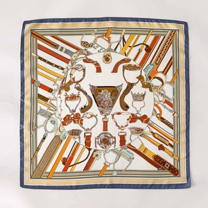 Silk-textured square scarf featuring classic equestrian prints with horseshoes and belts