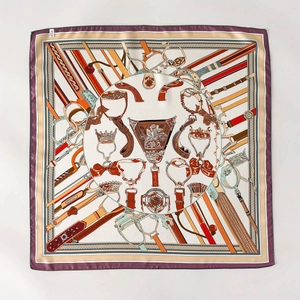 Silk-textured square scarf featuring equestrian patterns with orange and burgundy accents