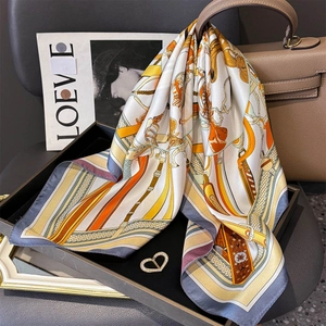 Mulberry Satin Square Scarf Equestrian Chain Print Twill Neck Kerchief Elegant Fashion Accessory For Women