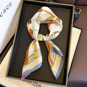 Silk-textured square scarf with equestrian chain print in orange and yellow