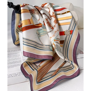 Silk feel square scarf featuring orange equestrian horse motifs and carriage prints