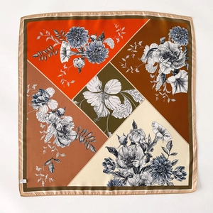 Elegant floral silk square scarf with geometric patchwork and botanical line art print