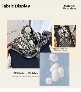 Detail view of 100% mulberry silk scarf with vintage black and white baroque print