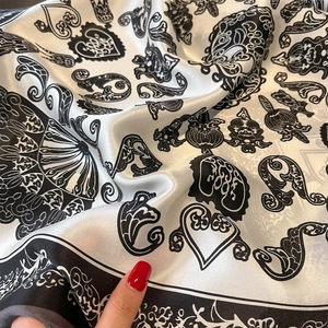 French style 100% silk neck scarf with classic black and white totem heart print