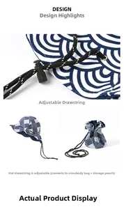 Blue wave pattern sun hat converting into a cross-body bag with adjustable drawstring