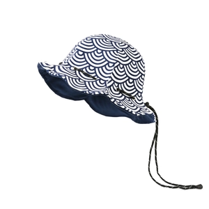 Japanese style wide brim bucket hat with blue wave pattern and adjustable chin cord