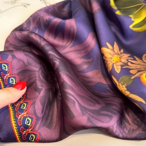 Deep purple silk floral shawl with orange flower print and decorative borders