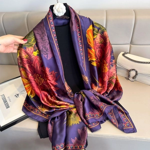 Floral print silk scarf for women large purple beach shawl with orange flower patterns
