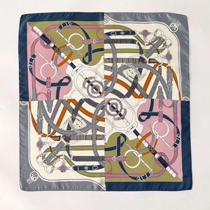 Silk twill square scarf with equestrian horse bit pattern in colorful patchwork design