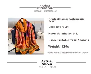 Detail view of floral faux silk scarf with dimensions 80x178cm for sun protection