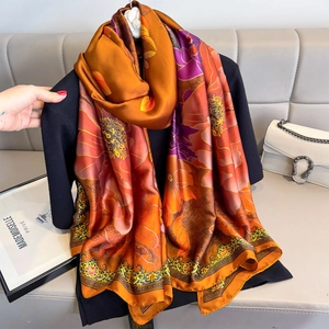 Elegant Floral Print Faux Satin Long Scarf Sun Protection Lightweight Soft Shawl Large Peony Pattern Women Fashion