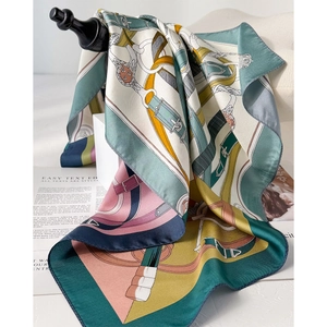 Elegant silk twill square scarf with vintage equestrian pattern in multicolor patchwork