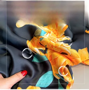 Macro detail of high-end silk-like floral scarf with vibrant orange blooms and soft texture