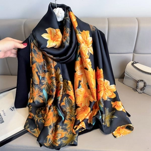 Elegant Floral Print Scarf Long Imitation Satin Satin Sun Protection Shawl Beach Wrap For Women