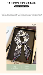 Detail of 14 Momme mulberry silk scarf with black floral print, size 65x65cm