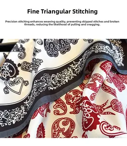 Detail of the high-quality triangle needle stitching on this printed silk twill scarf