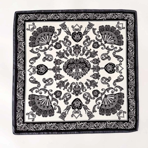 Classic black and white silk twill square scarf with symmetrical heart floral pattern
