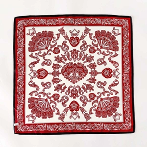 Silk twill square scarf with retro red heart pattern and decorative scroll border