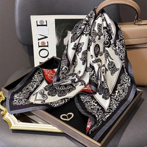 Mulberry Satin Square Scarf Double Sided Vintage Floral Heart Print Twill Elegant Fashion Neckerchief For Women