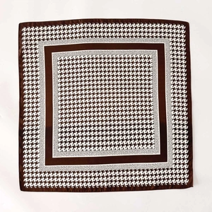 Classic brown houndstooth silk twill square scarf with solid border on white background