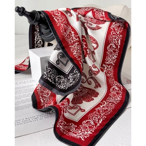 Classic red, white, and black silk square scarf with vintage European patterns and border