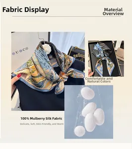 Detailed view of 100% mulberry silk scarf with blue abstract prints and soft texture