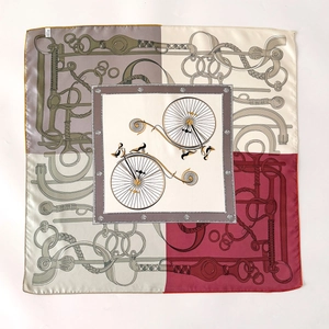 Silk square scarf with vintage bicycle and equestrian print in four-color patchwork