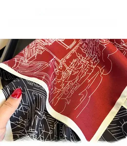 Close-up of fine triangle stitch edging on silk scarf with geometric pattern