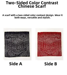 Detail of double-sided silk scarf featuring European architecture line art in red and black