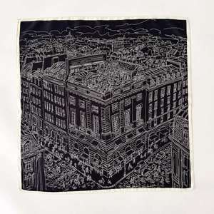 Double-sided silk square scarf featuring navy and cream hand-drawn city architectural art