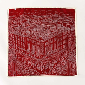 Double-sided red silk square scarf featuring hand-drawn white city architectural patterns