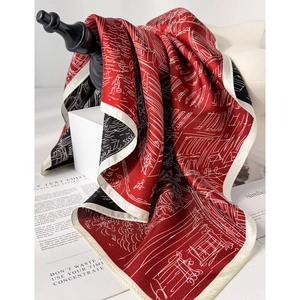 French style double-sided silk square scarf with red and black architectural prints