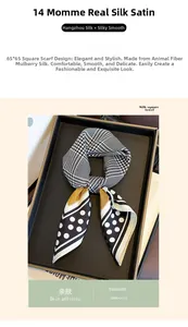 Detail of 14mm mulberry silk scarf with houndstooth and polka dot patterns in 65x65cm size